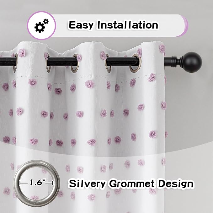 MYSKY HOME 100% Blackout Curtains for Girls Bedroom 84 Inches Long with Purple Pom Pom Sheer Total Light Blocking Curtains for Living Room 2 Panels Grommet Room Darkening Window Drapes 52W x 84L