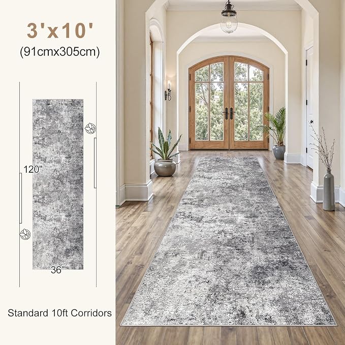 UERMEI 3x10 Washable Runner Rug for Hallway, Non Slip Low Pile Kitchen Carpet, Neutral Modern Abstract Indoor Floor Mat for Entryway Laundry, Kid & Pet Safe High Traffic Area, Grey