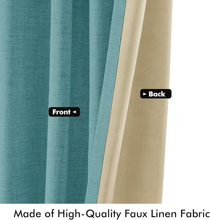 MIULEE 100% Blackout Linen Curtains for Bedroom, Teal Solid Luxury Decor Thermal Insulation Room Darkening Drapes for Living Room Back Tab Rod Pocket 42 x 72 Inches, 2 Panels