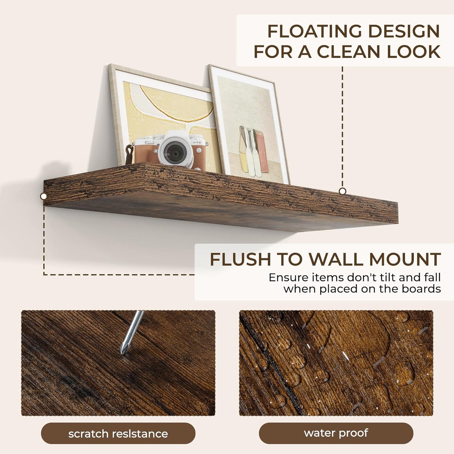 RICHFOCUS 36Inch Floating Shelves for Wall 2 Pack Shelves for Bedroom|Kitchen|Bathroom Wall Mounted Rustic Wood Floating Shelf with Invisible Brackets for Books|Storage|Decor, Rustic Brown