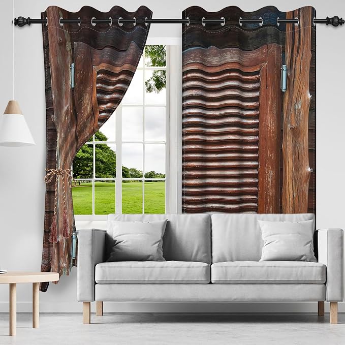 Rustic Wooden Barn Door Blackout Window Curtains Wood Planks Farm Farmhouse Curtains Country Retro Western Vintage Brown Window Treatments Kitchen Bedroom Living Room Decor,53x96 inch,2 Panels