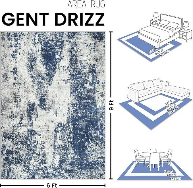 Area Rugs 6x9 Living Room: Large Soft Washable Rug Modern Abstract Anti-Skid Non-Shedding Carpet Indoor Floor Thin Carpets for Bedroom Dining Room Farmhouse Nursery Home Office Blue