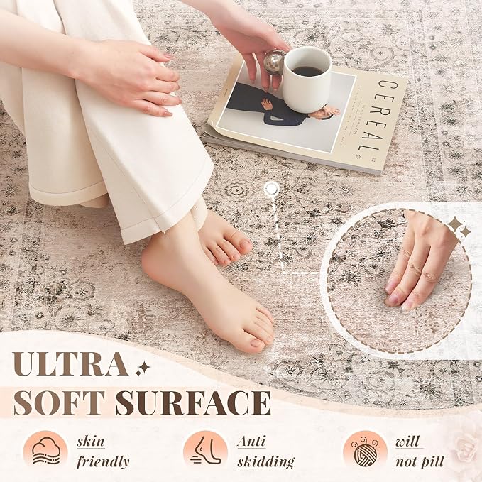 Area Rug 5x7 Vintage Rug: Washable Indoor Medallion Rugs Low Pile Distressed Floor Carpet Retro Accent Rug for Living Room Bedroom Kitchen Dining Table Home Office(Distressed Brown, 5'x7')
