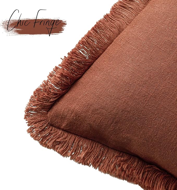 Foindtower Set of 2 Decorative Linen Fringe Throw Pillow Covers Farmhouse Cushion Cover with Tassels Soft Accent Pillowcase for Couch Chair Sofa Bed Living Room Home Decor,18×18 Inch,Fall Rust Orange