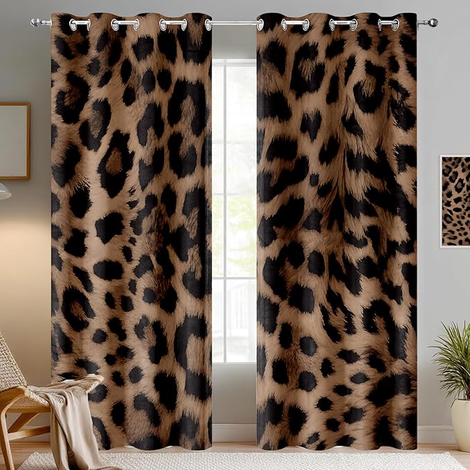 Sexy Leopard Print Blackout Curtains, Wild Animal Cheetah Print Brown Black Fur Window Drapes, Living Room Bedroom Decor 2 Panels 52x63 Inch