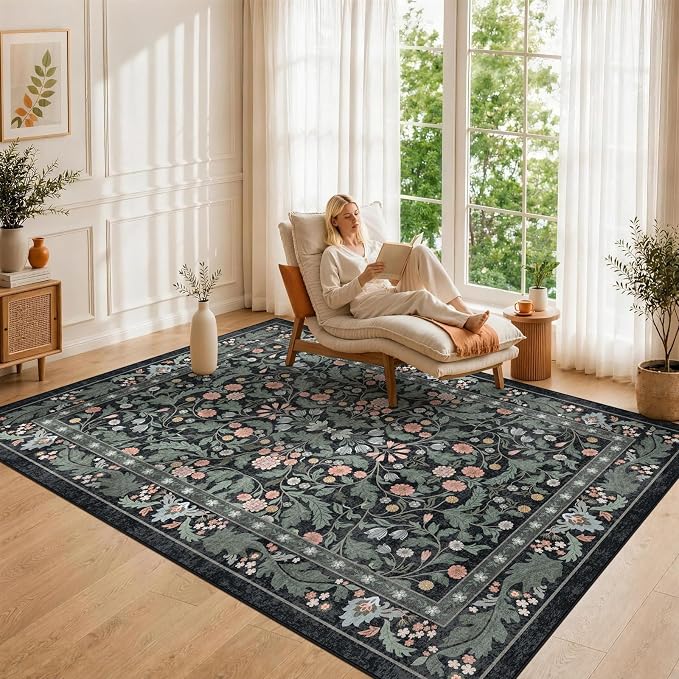Floral 5x7 Area Rugs for Living Room, Machine Washable Vintage Rug Boho Low Pile Carpets Non Slip Soft Carpet for Farmhouse Bedroom Office Rugs, Kids Room, Nursery Room, Playroom, Dark Black Green