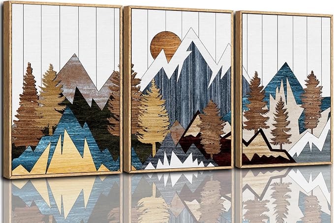 CHDITB Mountain Wall Art Prints Set, Country Woodcut Wall Decor, Rustic Forest Pictures Artwork, Nature Landscape Decoration, National Park Framed Canvas Paintings For Living Room Bedroom 16"x24"X3