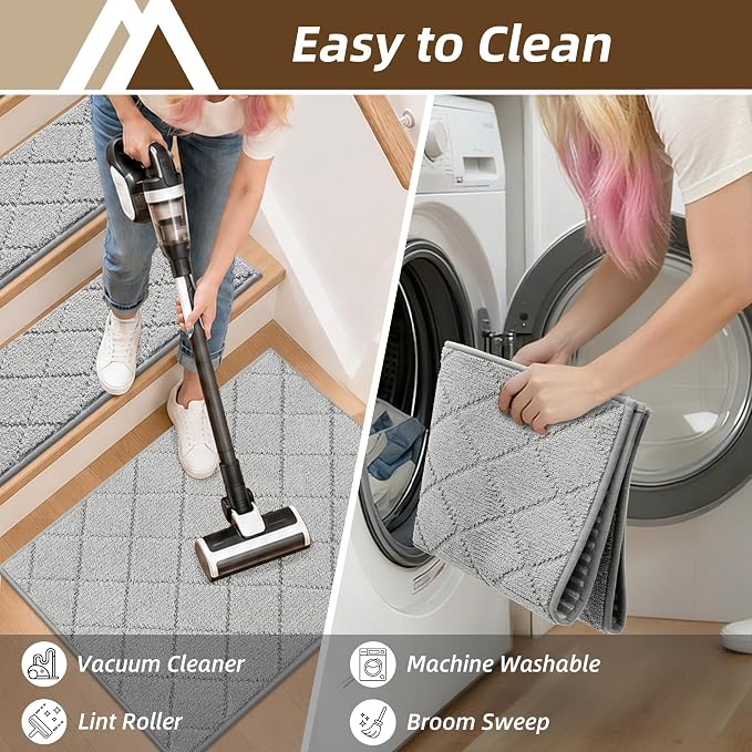 COSY HOMEER Edging Stair Treads Non-Slip Corner Indoor Stair Runners for Wooden Steps,Landing Slip Resistant Stair Rugs for Kids and Dogs, 100% Polyester TPE Backing,Grey,20"X32"
