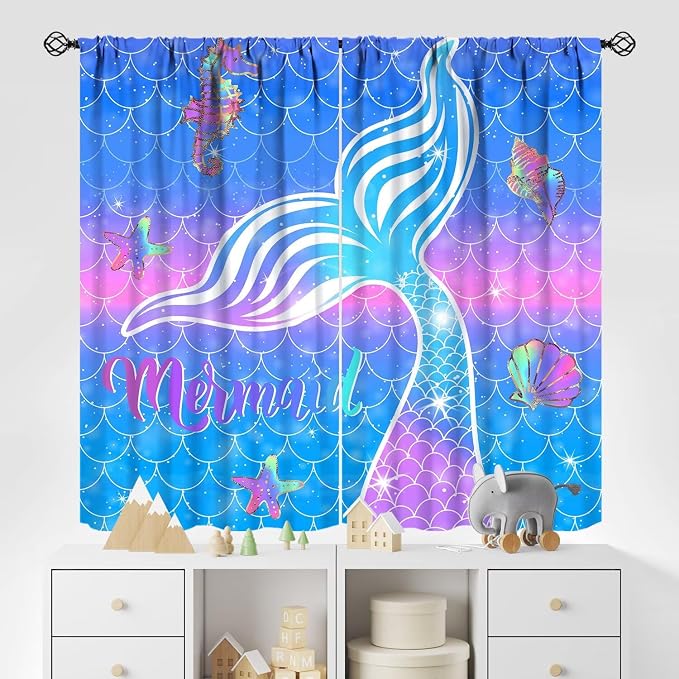 YCness Mermaid Curtains for Girls Bedroom Decor Rainbow Mermaid Tail Fish Scale Fantasy Ocean Theme Art Printed Blackout Window Drapes Fabric Set 2 Panel 63x72 Inch 80% Shading Rate