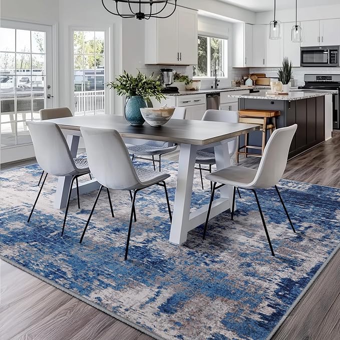 RELEANY Washable Area Rugs Square 10ft Non-Slip Modern Abstract Soft for Living Room Entryway Bedroom Kitchen, Print Pattern, Blue Grey Navy Gray
