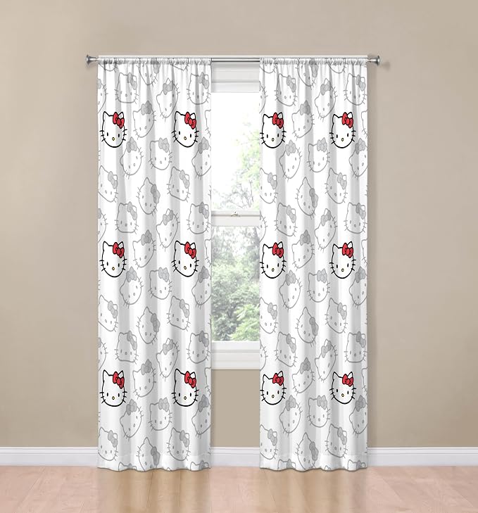 Jay Franco Window Curtains for Bedroom 4-Piece Drape Set with 2 Tiebacks, White - Hello Kitty, 42" W x 84" L (Pack of 2)