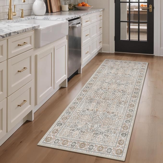 Bavni 2x10 Rug Runners for Hallways, Washable Runner Rug Non Slip,Vintage Floral Print Style Rugs for Bedroom-Lightweight Low Pile Carpet for Hallways Bathroom, Beige Grey