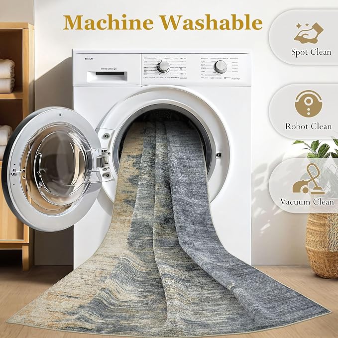 Area Rugs 8x10 Living Room: Washable Large Abstract Modern Neutral Soft Rug Stain Resistant Non-Slip Backing Carpet for Bedroom Dining Room Indoor Nursery Dorm Home Office Decor - Blue Gold