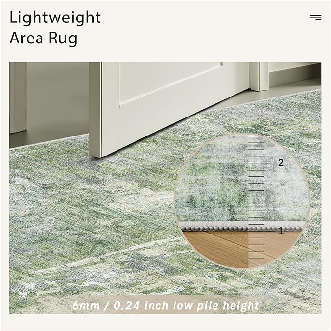 Soalmost 5x8 Area Rugs Green/Ivory Low Pile Indoor Washable Trendy Faded Style Rugs for Bedroom Living Room Dining Room Foldable Non-Slip Thin Print Home Office Mat