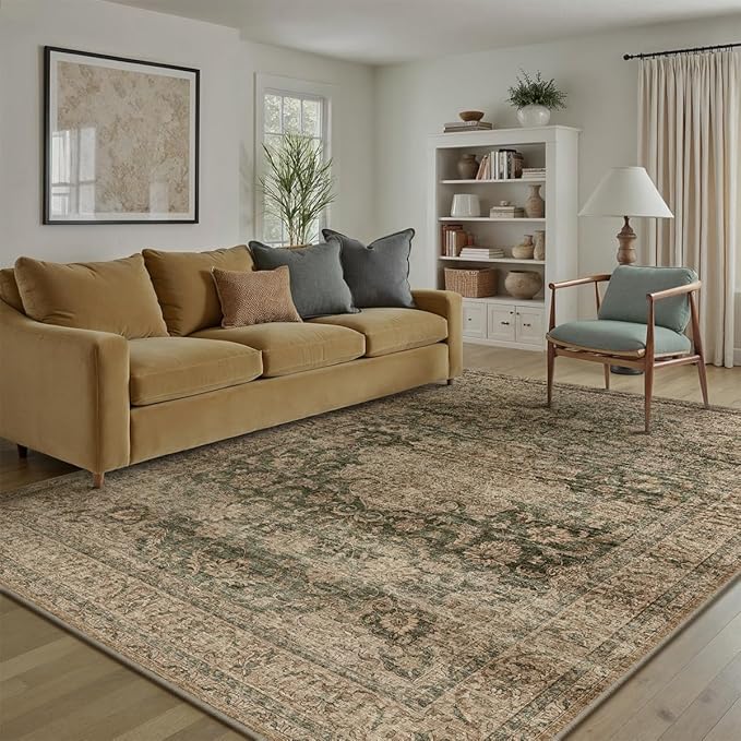 6x9 Washable Area Rug Green Brown Vintage Non Slip Soft Low Pile Rug for Living Room Bedroom Dining Room Office Distressed Oriental Indoor Throw Carpet for Home Decor