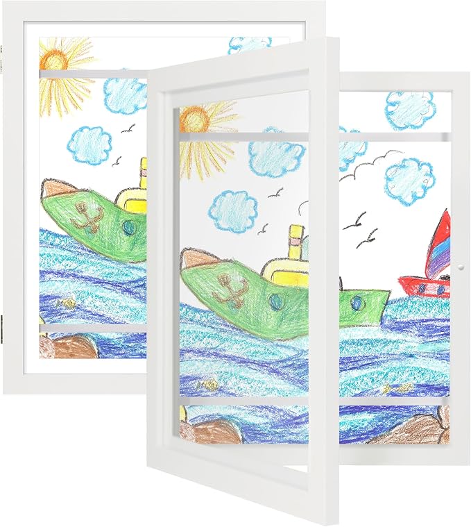 iRahmen Kids Art Frames 10x12.5 Set of 2 - Front Opening Childrens Picture Frame Changeable, Wood Artwork Display Storage for Wall Mount, Magnetic Door Holds 50 Art Pieces for Drawings, 3D Picture, Crafts, Portfolio, White