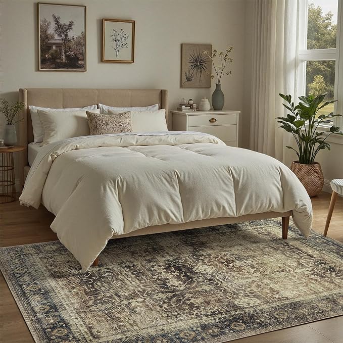DCX Washable 9x12, Kid & Pet Friendly with Rubber Back Non Slip, Stain Resistant Vintage Rug for Living Room, Bedroom, Home Office, Soft Low Pile Large Farmhouse Distressed Carpet, Brown