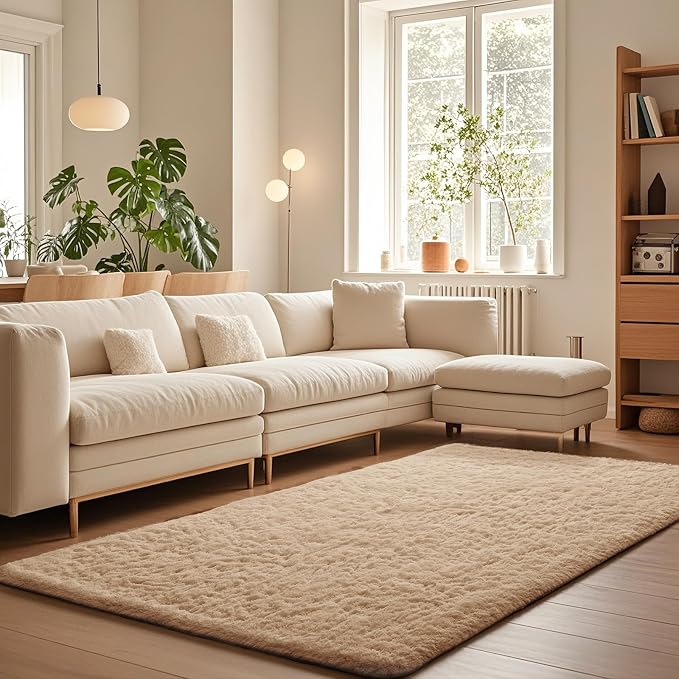 Ophanie Beige Rugs for Living Room Bedroom, 5x8 Fluffy Fuzzy Furry Carpet, Plush Soft Shaggy Bedside Indoor Floor Area Rug for Kids Nursery Home Decor with Over 999 pcs Non-Slip Backing Pattern