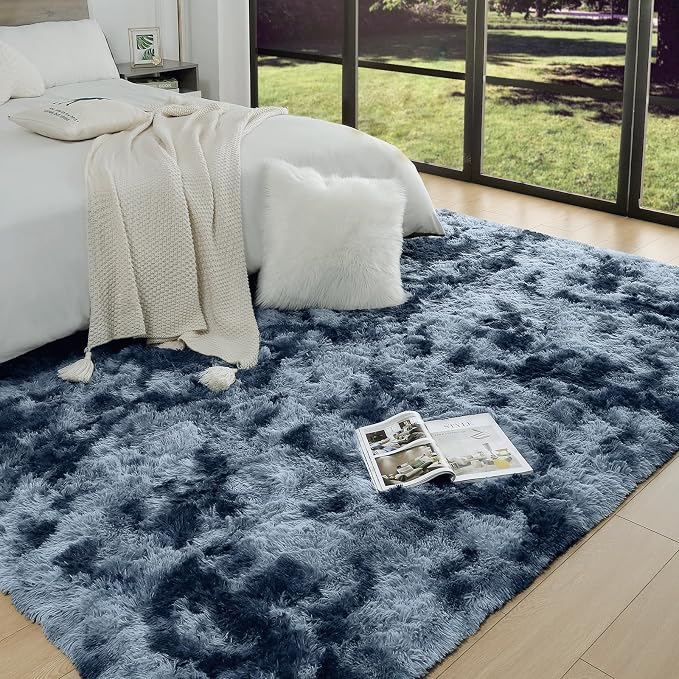 AROGAN Shag Carpets 2x6 Rug for Hallway, Washable Rugs Runners with Memory Foam for Bedroom, Entryway Indoor Fluffy Throw Rug for Beside Kids Girls Nursery Dorm, Blue and Grey