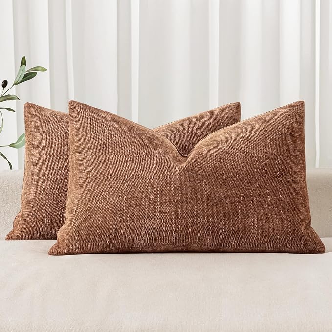 MIULEE Textured Pillow Covers 20x12 Inch Pack of 2,Pecan Brown Soft Thick Solid Lumbar Decorative Chenille Throw Pillows Neutral Farmhouse Cushion Covers Modern Home Decor for Sofa Bedroom Living Room