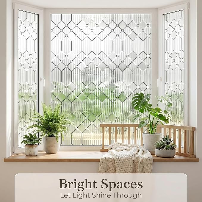 SUNBABY Reeded Glass Window Privacy Film, Decorative Frosted Glass Window Film for Bathroom & Front Door, 3D Static Cling Window Coverings Day and Night Privacy Sun Heat Blocking (17.5 x 118 Inch)