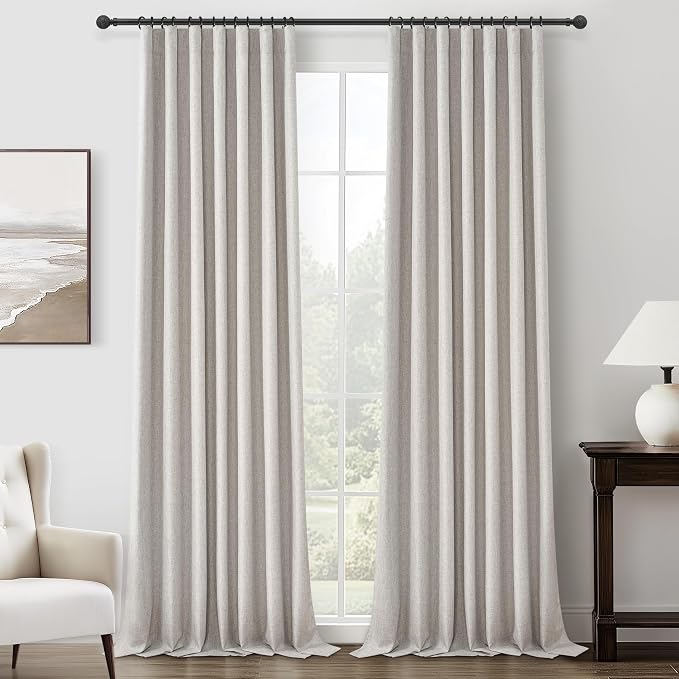 Blackout Extra Long Curtains & Drapes 108 Inches Long 2 Panels Set, Lush Pinch Pleated Natural Melange Flax Linen Textured 106 inch Large Windows Drapes Decor with Pin Hooks&Back Tab Large Curtain