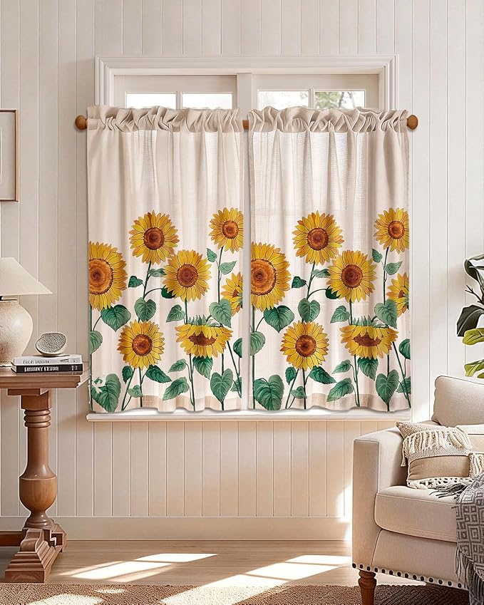 Miss Adola Sunflower Kitchen Tier Curtains - 45 Inch Length Linen Blend Farmhouse Cafe Curtains Floral Small Window Treatments Over Sink Rod Pocket for Bathroom Living Room Light Filtering, 2 Panels