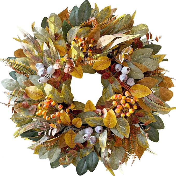 WANNA-CUL 22 Inch Eucalyptus Fall Front Door Wreath Harvest Farmhouse Decor | Year Round Vintage Artificial Greenery Autumn Wreath with Mixed Berries Indoor Outdoor Table Centerpiece Thanksgiving Decor