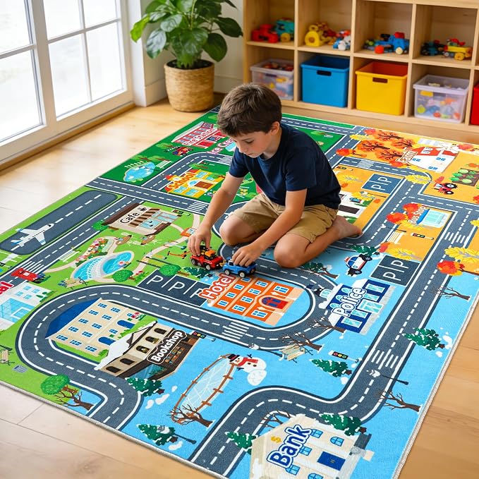 Car Rug for Kids Toy Cars, Town City Track Road Carpet Playmat with Non-Silp Backing, Traffic Playmat for Road Washable Rugs Four Seasons Theme Traffic Mat for Kids Room Bedroom Game Safe Area, 3'x4'