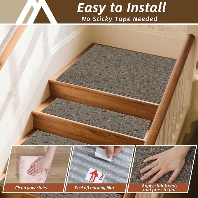 COSY HOMEER Stair Landing Rugs Non-Slip Corner Indoor Edging Stair Treads for Wooden Steps,Washable Soft Stair Landing Mat for Kids,Elder and Dogs,Polyester,TPE Backing,Light Brown,30x30inch