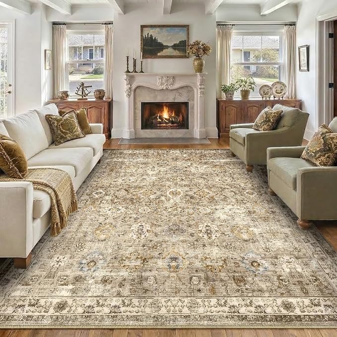 5x7 Area Rug for Living Room-Vintage Farmhouse Boho Floral Neutral Washable Stain Resistant Indoor Carpet for Bedroom Office and Home Decor(Brown&Gold)