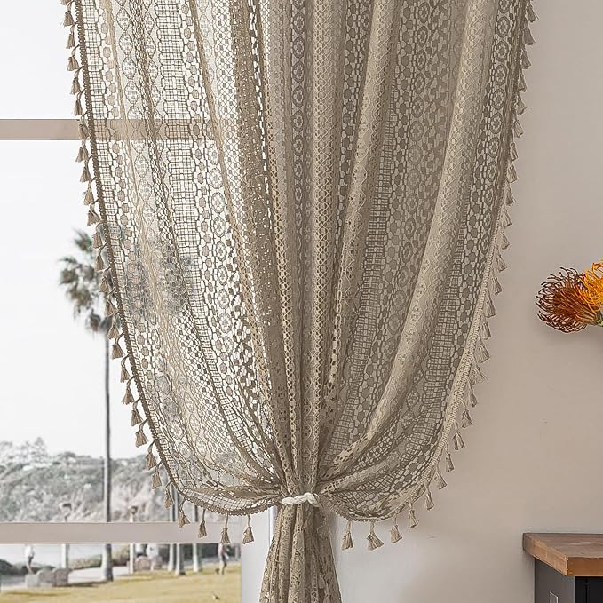 WAZZIO Boho Lace Curtains 84 Inches 2 Panel,Light Filtering Privacy Tassel & Geometry Crochet Semi Sheer Curtain Drapes for Bedroom Living Dining Room,Rod Pocket & Tassel,Earthy Color Taupe