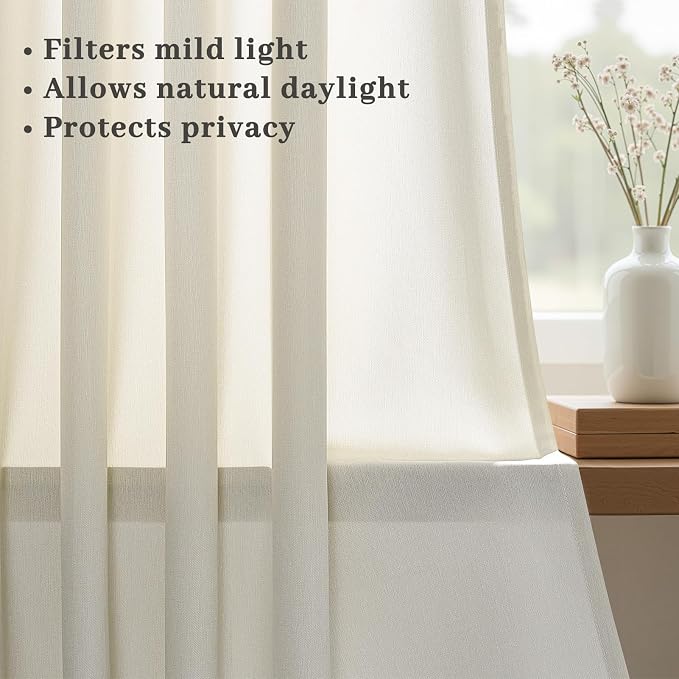 102 Inch Curtains 2 Panels Set,Two Packs Pinch Pleat Back Tab Linen Window Semi Sheer Privacy Thick Decorative Curtain Drapes for Living Room Bedroom,40x102 in Long,Birch