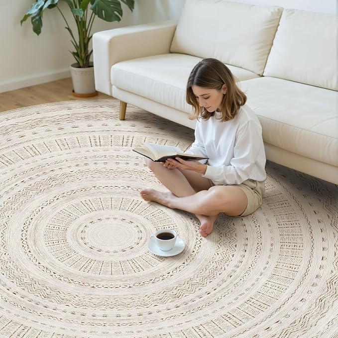 cotiled 8x8 Round Area Rugs Living Room Rug: Washable Boho Rugs with Non Slip Backing Large Soft Indoor Stain Resistant Carpet for Bedroom Farmhouse Dining Room Lightweight Home Decor Brown/Cream