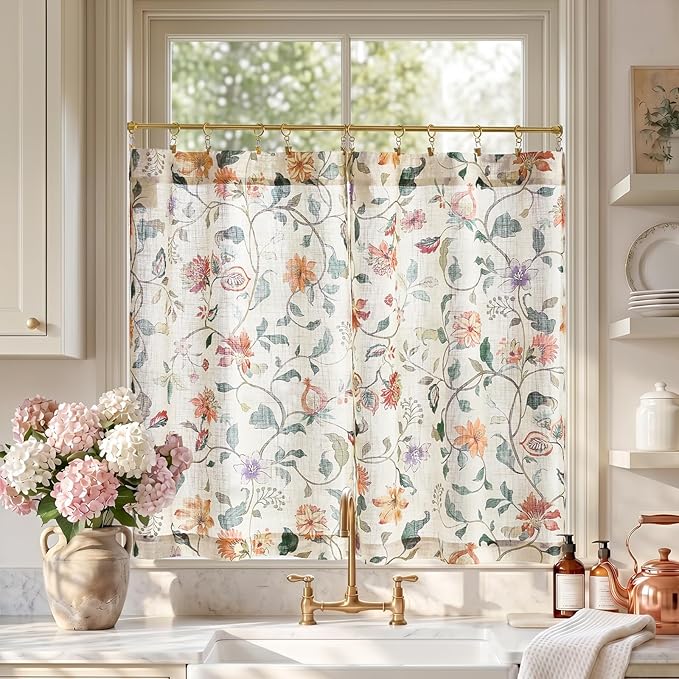 jinchan Hattie Floral Linen Kitchen Curtains 36 Inch Length Vintage Cottage Core Farmhouse Cafe Curtains Light Filtering Small Window Drapes for Living Room Bathroom Rod Pocket 2 Panels Beige