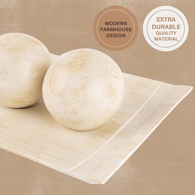Creative Scents Rustic Luxe Decorative Tray and Orb Set - Centerpiece Table Decorations for Coffee Table Decor - Modern Farmhouse Decor - Decorative Accents Bowl with Balls for Dining Table Decor