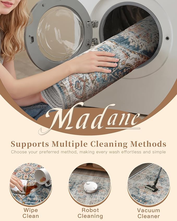 Madane Kitchen Runner 2'6''x8' Soft Rug Runners for Hallways, Navy | Vintage Machine Washable Printed Rugs 2.5x8 Ft, Non-Slip Low Pile Stain-Resistant 8ft Floor Carpet for Laundry Room, Corridor