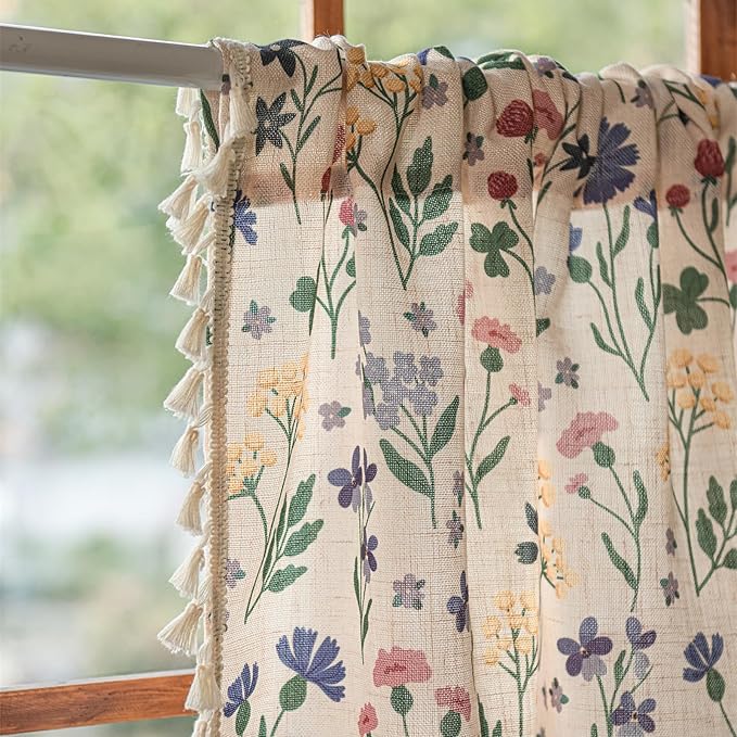 Deeprove Boho Valance Curtain 18 Inch with Tassels Cute Floral Herb Print Kitchen Window Sheer Short for Living Room Cafe Closet Farmhouse Chic Vintage Country Style Drape Decor 1 Panel 52W x 18L