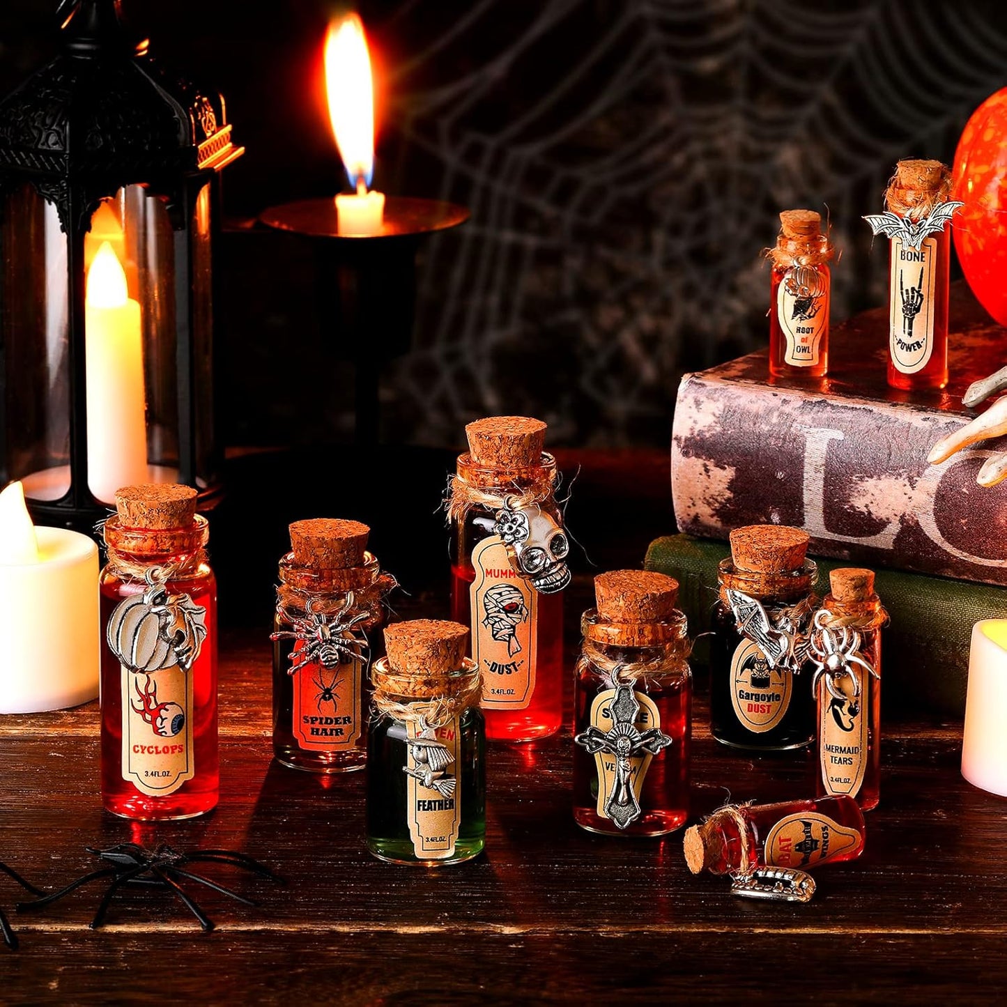Newtay 53 Pcs Halloween Mini Potion Bottles Set Including 12 Decorative Glass Bottles with Cork Stoppers 20 Creepy Apothecary Bottle Labels Stickers 20 Charms Pendants 1 String (5/6/7/12 ML,Stylish)