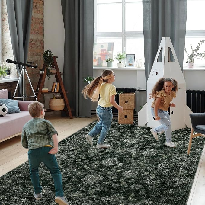 FROZZUR Boho Dark Green Area Rug 8x10 Large Vintage Rug for Living Room Bedroom Dining Table, Non Slip Distressed Washable Rugs for Home Office Decor Dark Green