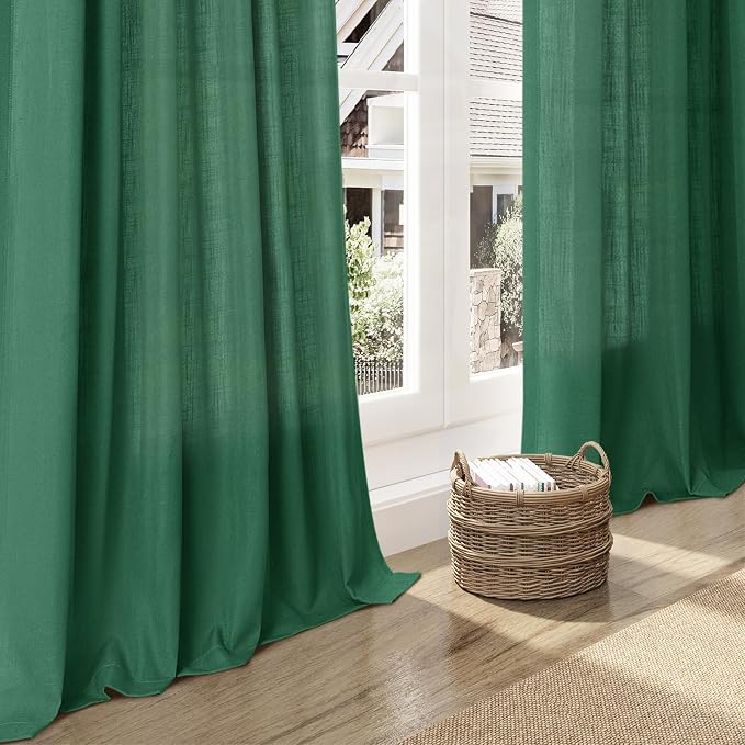 Dark Green Linen Curtains 72 Inch Length for Living Room Sheer Lightweight Door Drapes 2 Panels Set for Kids Bedroom Light Filtering Back Tab Rod Pocket Curtain for Kitchen Protect Privacy 52x72