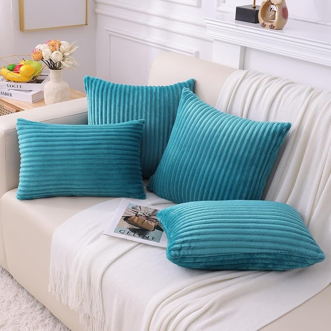Simmore Decorative Fall Throw Pillow Covers 22x22 Set of 2, Soft Natural Plush Flannel Double-Sided Fluffy Couch Euro Sham Pillow Covers for Sofa Living Room, Teal