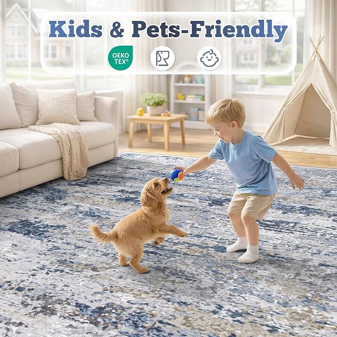 6x9 Area Rugs for Living Room: Washable Abstract Neutral Rug Modern Soft Non Slip Low Pile Rugs Floor Indoor Stain Resistant Carpet for Bedroom Dining Room Nursery Home Office (Blue, 6'x9')