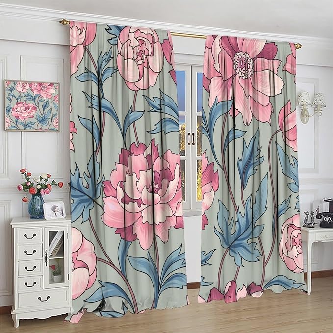 Floral Blackout Window Curtain, Flourish Ornamental Blossom Rose Style Print for Home Kitchen Restaurant Decoration Window Drapes 2Panel 42" W X 54" L