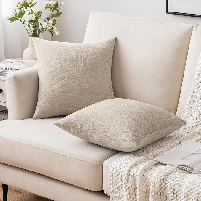 MIULEE Pack of 2 Beige Decorative Pillow Covers 20x20 Inch | Soft Chenille Couch Throw Pillows Farmhouse Cushion Covers for Home Decor Sofa Bedroom Living Room