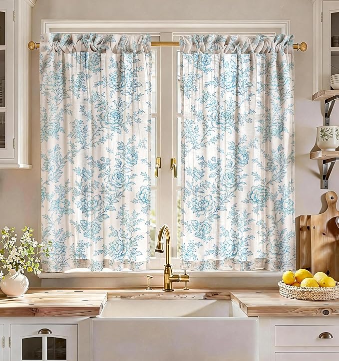Miss Adola Farmhouse Kitchen Tier Curtains - 45 Inch Length Linen Blend Cafe Curtains Blue Floral Small Window Treatments Over Sink Rod Pocket for Bathroom Living Room Light Filtering, 2 Panels