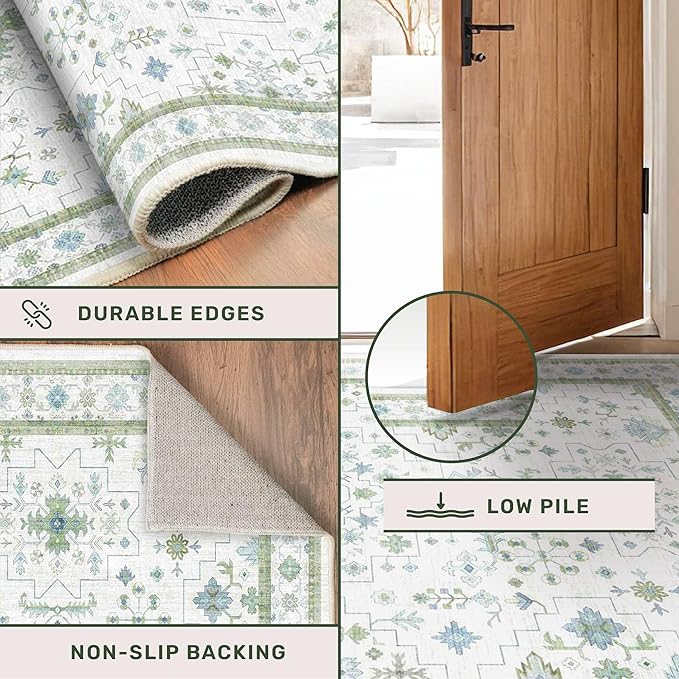 Hazo Haus Oushak 3x20 Wide Hallway Runner Rug - Vintage Turkish Floral, Washable Low Pile Non Slip 20ft Extra Long Runners for Large Kitchen, Hall Way - Blue and Green Décor