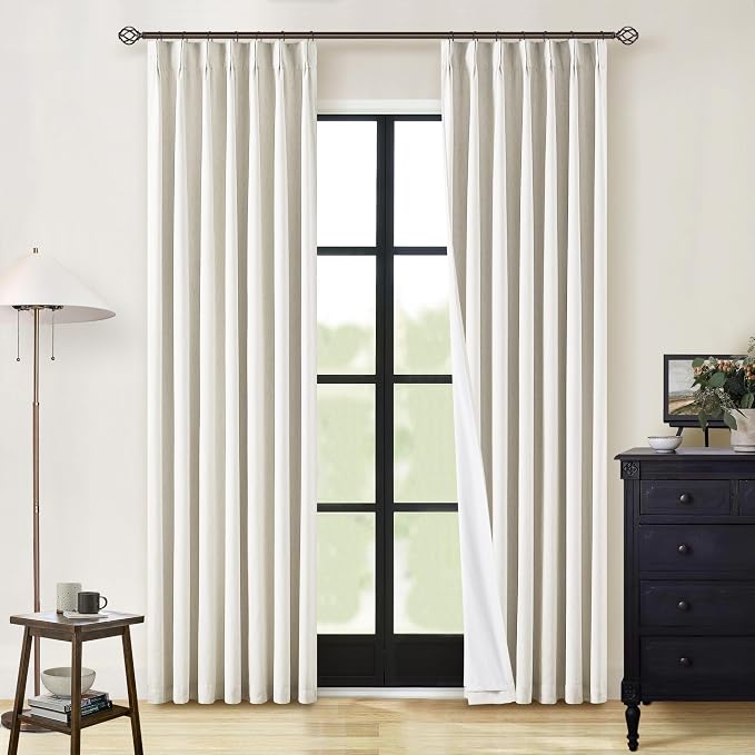 Natural Linen 100% Black Out Curtains 86 Inches Long 2 Panels Set for Bedroom Cream Ivory Pinch Pleated Back Tab Thermal Insulated Energy Efficient Window Curtains Living Room High Ceiling Length