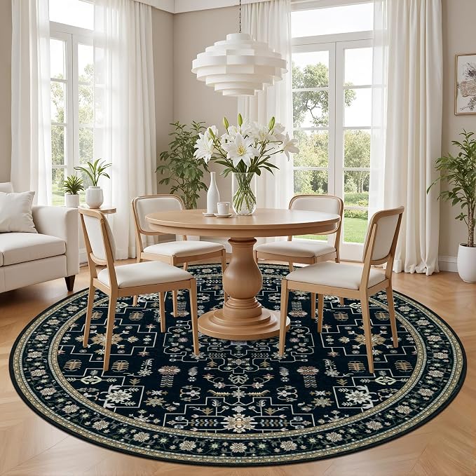 Round Area Rug for Living Room: 8 ft Washable Vintage Boho Soft Thin Circle Rug Indoor Floor No Slip Stain Resistant Carpet for Bedroom Dining Room Farmhouse Nursery Home Office -Black