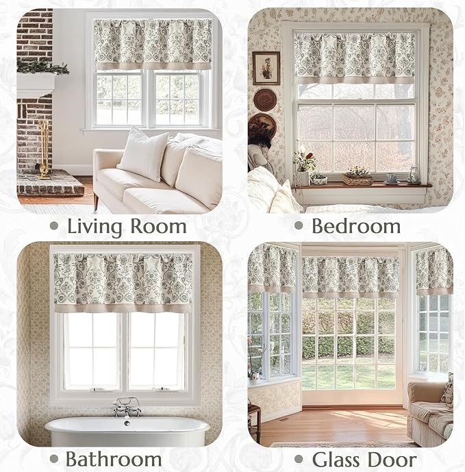 jinchan Linen Valance Kitchen Curtain for Windows Double Layer 16 Inch for Living Room Bedroom Window Treatment Light Filtering Vintage Rustic Farmhouse Cottagecore Rod Pocket 1 Panel Grey on Beige